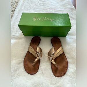 Lilly Pulitzer 6 Gold McKim sandals flat thong flip flop leather original box